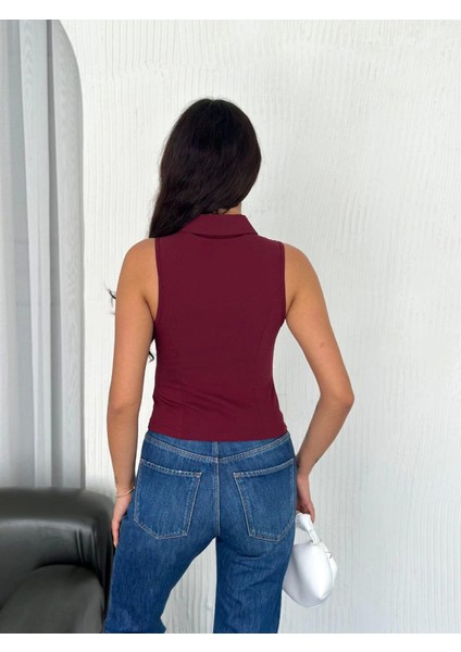 Yakalı Tam Fermuarlı Kolsuz Bluz - Bordo fiyatları