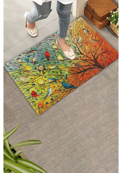 Renkli Kuşlar Hayat Ağacı Welcome Hoş Geldiniz Kapı Önü Paspası 45X70CM