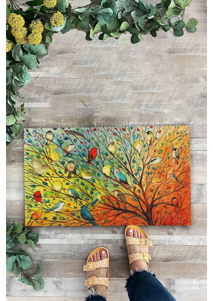 Renkli Kuşlar Hayat Ağacı Welcome Hoş Geldiniz Kapı Önü Paspası 45X70CM fiyatları