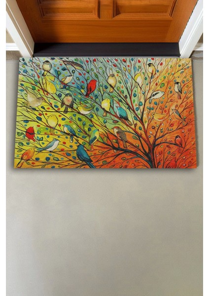 Renkli Kuşlar Hayat Ağacı Welcome Hoş Geldiniz Kapı Önü Paspası 45X70CM modelleri