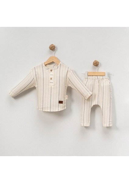Lacivert Çizgi Erkek Bebek Müslin Ikili Takım