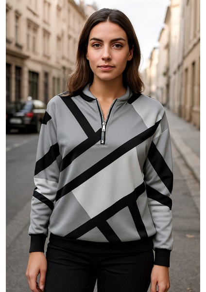 Kadın Uzun Kollu Yuvarlak Yaka Fermuarlı Desenli şardonlu Bluz