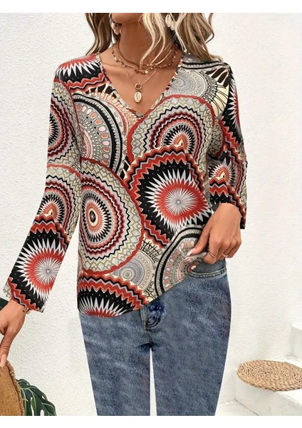 Kadın Uzun Kollu V Yakalı Desenli Süprem Bluz fırsatları