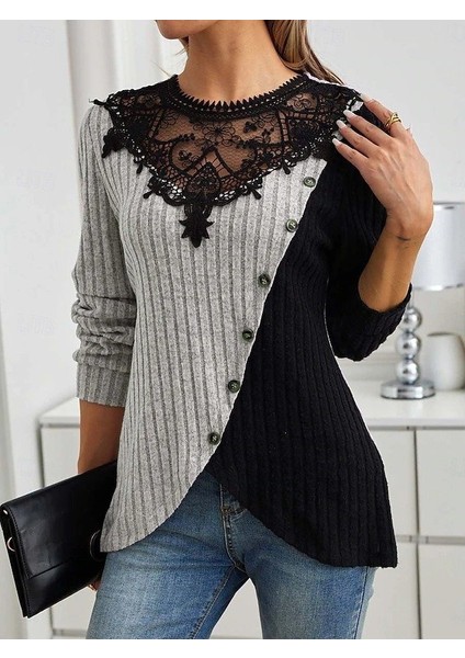 Kadın Uzun Kollu Dantel Yaka Yandan Düğmeli şardonlu Kaşkorse Bluz