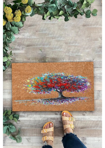 Renkli Yaşam Ağacı Kahverengi Welcome Hoş Geldiniz Kapı Önü Paspası 45X70CM