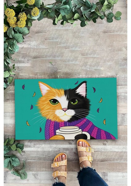 Kahve Düşkünü Relaks Kedi Yeşil Welcome Hoş Geldiniz Kapı Önü Paspası 45X70CM fiyatları