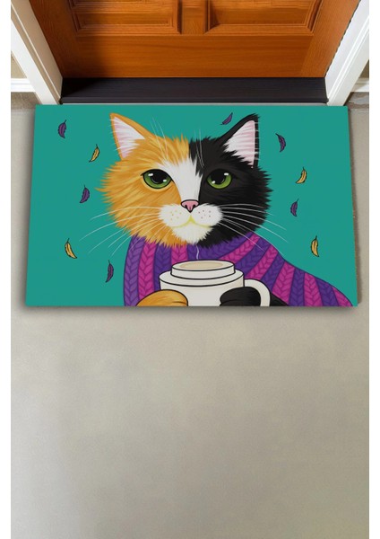 Kahve Düşkünü Relaks Kedi Yeşil Welcome Hoş Geldiniz Kapı Önü Paspası 45X70CM modelleri