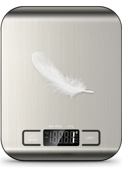 Paslanmaz Çelik Mutfak Tartısı, Hassas Ölçüm, LCD Ekran, 5 Kg, Pil Hediyeli