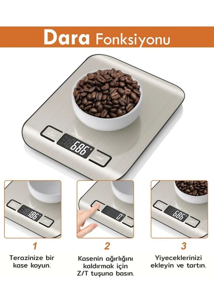 Paslanmaz Çelik Mutfak Tartısı, Hassas Ölçüm, LCD Ekran, 5 Kg, Pil Hediyeli fiyatları
