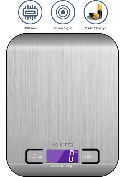 Hassas Dijital Mutfak Terazisi, LCD Ekranlı, 5 kg Kapasiteli, Pil Hediyeli Gri Renk
