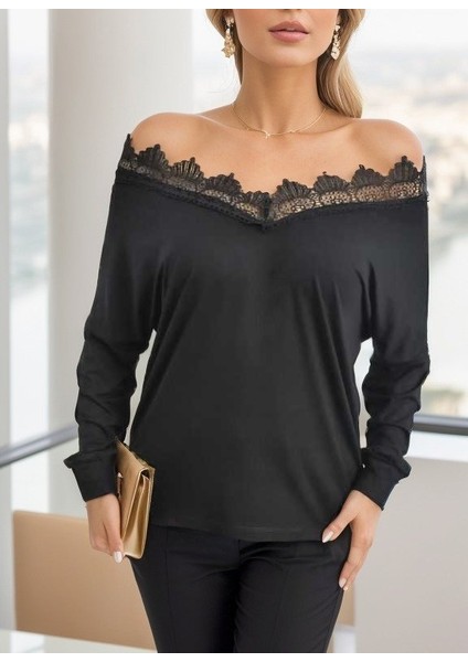 Kadın Uzun Kollu Yaka Güpür Detay Viskon Bluz indirimleri