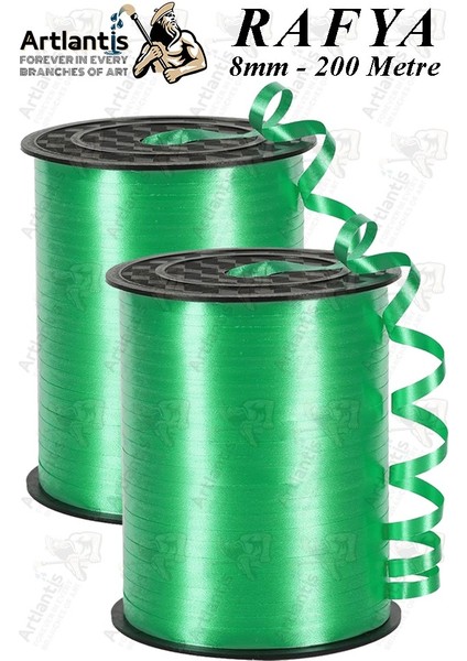 Yeşil Rafya Şerit Kurdela 2 Adet 8mm 200 Metre Rabant Rafya Renkli Hediye Paketleme Ipi Kurdela Balon Bağlama Ponpon