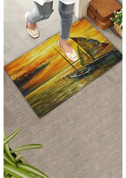 Deniz Gemi ve Gün Batımında Huzur Temalı Welcome Hoş Geldiniz Kapı Önü Paspası 45X70CM