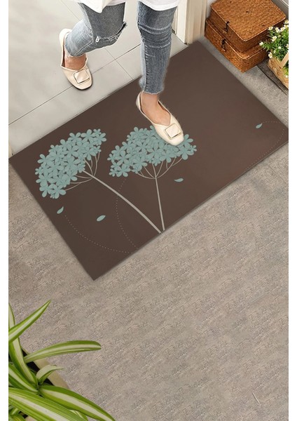 Kişniş Çiçeği Motifli Kahverengi Welcome Hoş Geldiniz Kapı Önü Paspası 45X70CM