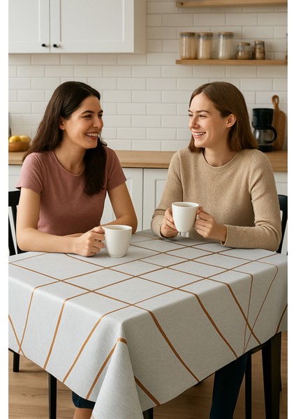 Bej Kırık Beyaz Gold Şerit Desenli Masa Örtüsü – Silinebilir Lüks Muşamba Sofra Bezi