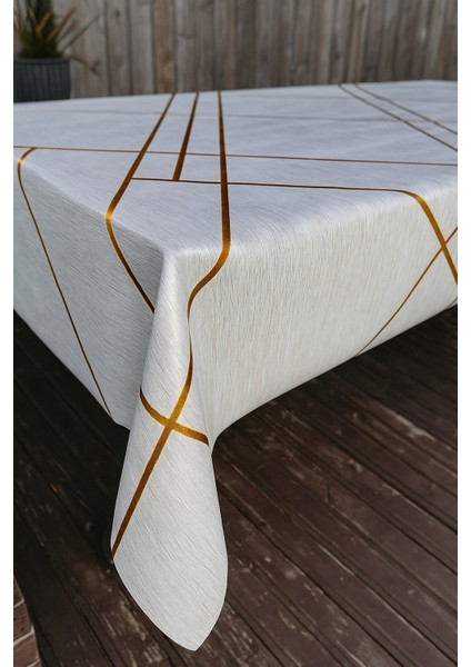 Bej Kırık Beyaz Gold Şerit Desenli Masa Örtüsü – Silinebilir Lüks Muşamba Sofra Bezi fiyatları