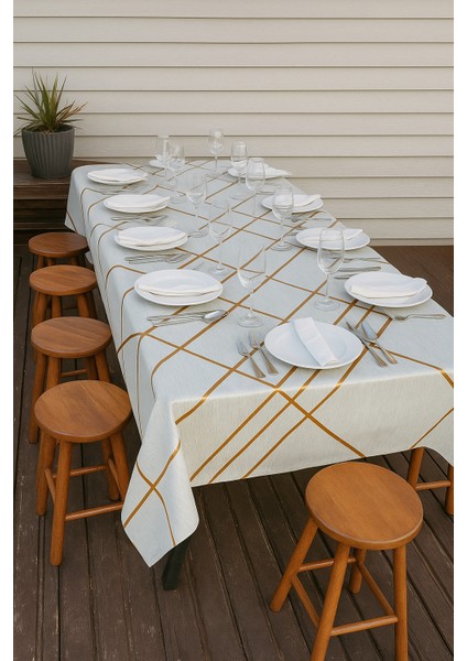 Bej Kırık Beyaz Gold Şerit Desenli Masa Örtüsü – Silinebilir Lüks Muşamba Sofra Bezi indirimleri
