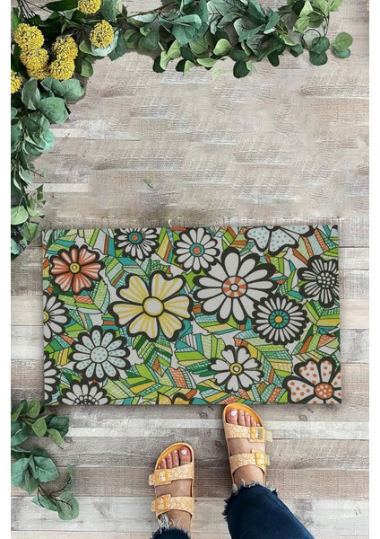 Çiçeksenfoni Temalı Yeşil Renk Welcome Hoş Geldiniz Kapı Önü Paspası 45X70CM fiyatları