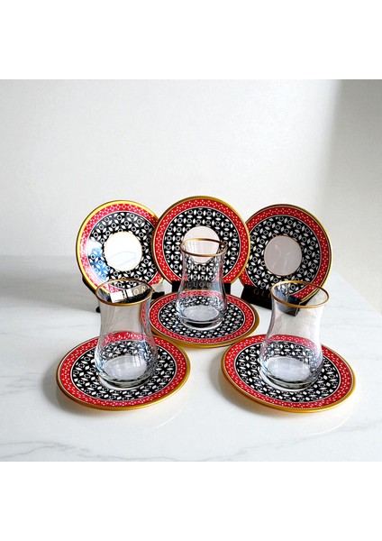 Kırmızı Siyah Geometrik Desenli 6 Kişilik Çay Seti