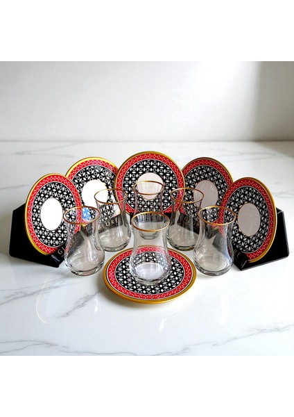 Kırmızı Siyah Geometrik Desenli 6 Kişilik Çay Seti fiyatları