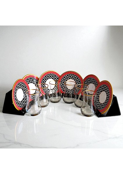 Kırmızı Siyah Geometrik Desenli 6 Kişilik Çay Seti modelleri