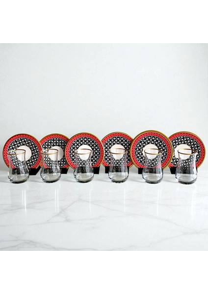 Kırmızı Siyah Geometrik Desenli 6 Kişilik Çay Seti fırsatları