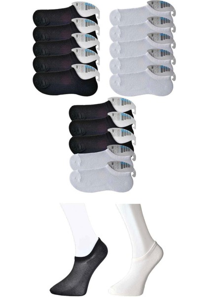 Siyah ve Beyaz Erkek Görünmez Çorap 15 Çift