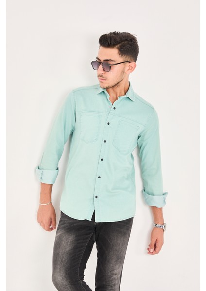 Çift Cep Gabardin Likra Yıkamalı Gömlek