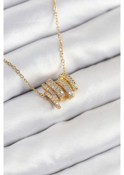 316L Çelik Zirkon Taşlı Sarmal Model Gold Renk Kadın Kolye