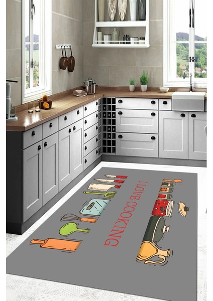 Desenli Yıkanabilir Kaymaz Mutfak ve Salon Halısı, Gri, 78 cm