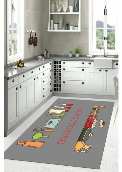 Desenli Yıkanabilir Kaymaz Mutfak ve Salon Halısı, Gri, 78 cm