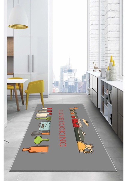 Desenli Yıkanabilir Kaymaz Mutfak ve Salon Halısı, Gri, 78 cm