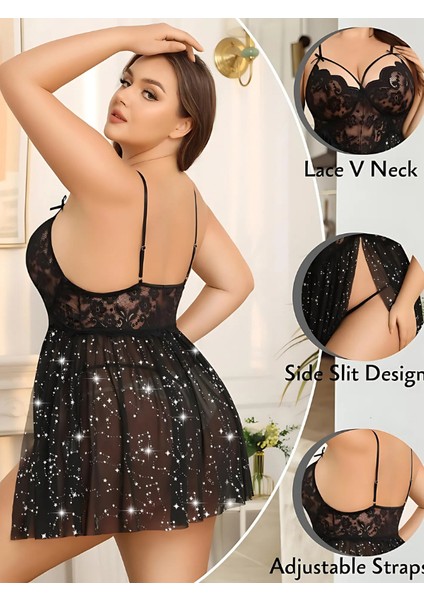 Dantelli Şık Tasarım Yıldızlı Gecelik Fantazi Night Büyük Beden modelleri