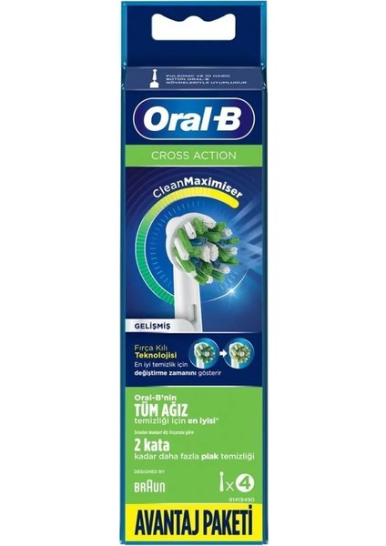 Cross Action Diş Fırçası Yedek Başlığı - CleanMaximiser Teknolojisi ile 4'lü Avantaj Paketi, Ferah Koku ve Derin Temizlik