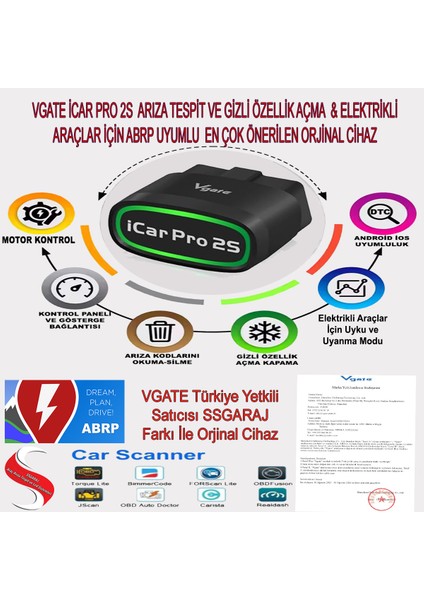 Icar Pro 2s Bluetooth 5.2v Elektrikli Araçlar Için Özel Abrp Uyumlu Arıza Tespit Cihazı
