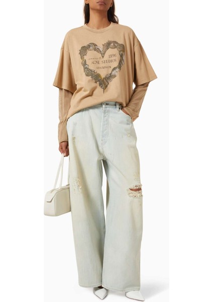 Açık Mavi Distressed Geniş Paça Kot Pantolon - Denim Kumaş Içeriği fiyatları