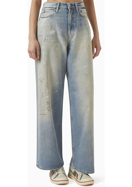 Açık Mavi Super Baggy-Fit Jean - %60 Pamuk, %40 Lyocell - Boya ve Lekeli Detaylar