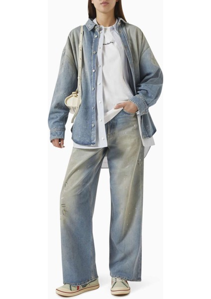 Açık Mavi Super Baggy-Fit Jean - %60 Pamuk, %40 Lyocell - Boya ve Lekeli Detaylar fiyatları