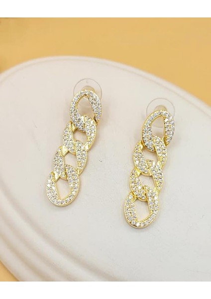 Zirkon Zincir Gold Küpe
