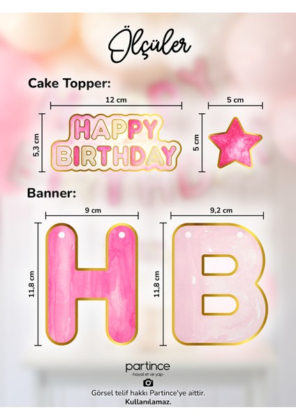 3 Parça Parti Seti Pembe Tema Happy Birthday Yazısı Banner Pembe Pasta Süsü Cake Topper 6 Adet Gold Mum modelleri