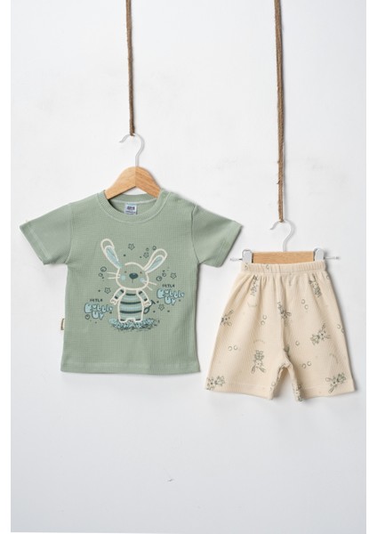 Unisex %100 Pamuklu Waffle Kumaş Yazlık Tişört ve Şort Takım - 9 - 12 - 18 Ay