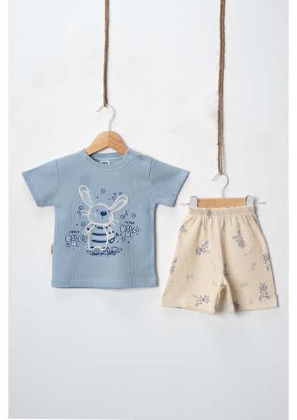 Unisex %100 Pamuklu Waffle Kumaş Yazlık Tişört ve Şort Takım - 9 - 12 - 18 Ay