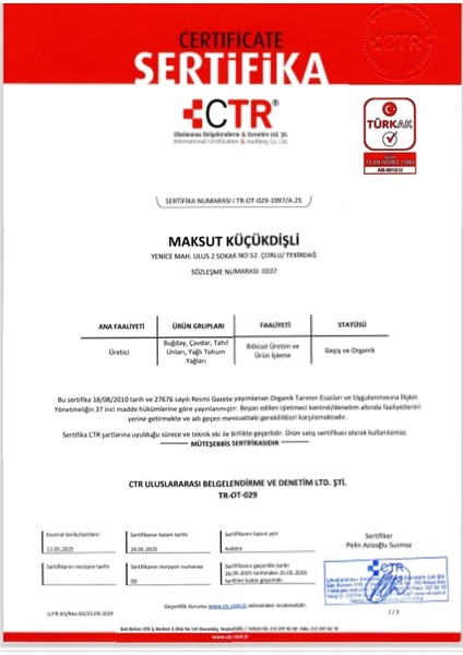 Taş Değirmende Öğütülmüş Organik Sertifikalı Tam Buğday Unu 1 kg x 2 Adet fiyatları