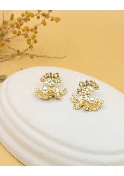 Inci Detaylı Gold Yaprak Küpe