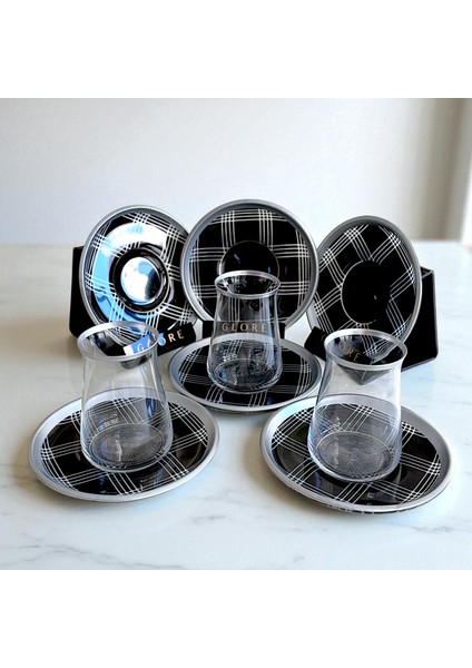 Siyah Beyaz Kareli 6 Kişilik Çay Bardağı Seti
