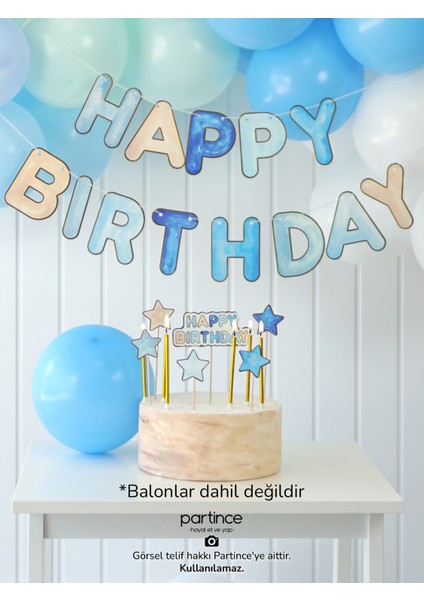 3 Parça Parti Seti Mavi Tema Happy Birthday Yazısı Banner Mavi Pasta Süsü Cake Topper 6 Adet Gold Mum