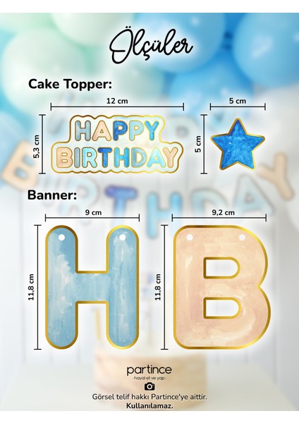 3 Parça Parti Seti Mavi Tema Happy Birthday Yazısı Banner Mavi Pasta Süsü Cake Topper 6 Adet Gold Mum modelleri
