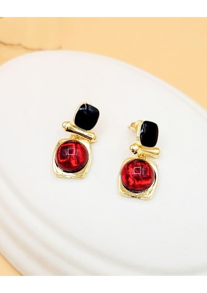 Siyah Mineli Bordo Taş Etnik Kare Pirinç Küpe