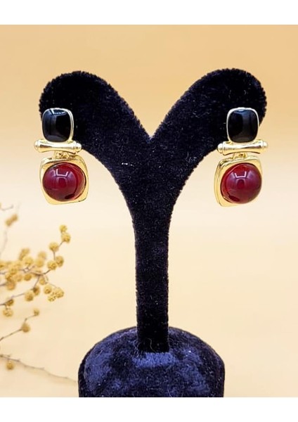 Siyah Mineli Bordo Taş Etnik Kare Pirinç Küpe fiyatları