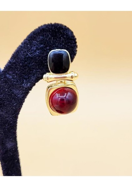 Siyah Mineli Bordo Taş Etnik Kare Pirinç Küpe modelleri